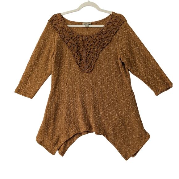 One World Dark Fairy Brown Textured Crochet Knit Top XL Wimsygoth  Sharkbite Hem - Picture 1 of 8